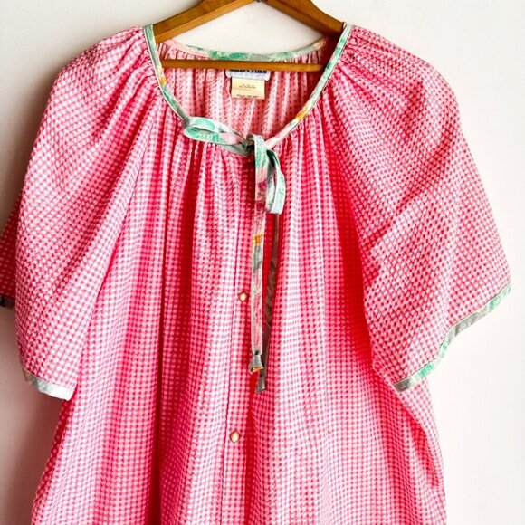 Vintage Smart Time Pin Striped Seersucker Snap Button Embroidered House Dress 2X - Picture 2 of 5